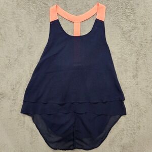 San Joy Navy Blue Layered Chiffon Tank Top Neon Coral T-Back High Low Hem Womens